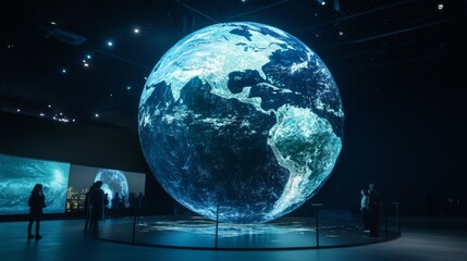 Poster - Visitors admire a large, illuminated globe representing Earth in a modern exhibition space. The atmosphere is immersive, with stunning visuals that captivate everyone present.