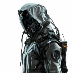 Poster - Futuristic robot wearing protective clothing posing in profile on white background