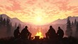 © NATTAPON - camping scenes hiking concept. Silhouettes of four people gather around a campfire, enjoying a vibrant sunset surrounded by mountains and trees.