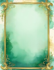 Wall Mural - Elegant green watercolor background with a golden ornate frame.