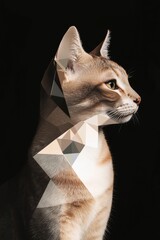 Wall Mural - A cat profile beautifully blended with geometric abstract shapes, highlighting creativity and modern art on a black background.