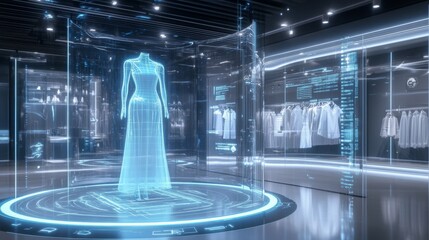 Aufkleber - A holographic projection of an elegant evening gown floats on a platform within a modern, minimalist store. Surrounding the display are digital screens showcasing other clothing items.