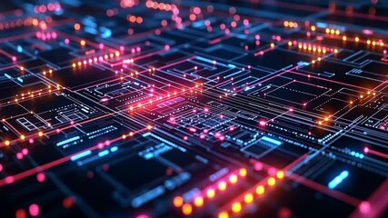 Poster - vibrant digital circuitry representing advanced technology in a stylized urban environment at night