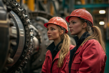 Poster - Female engineers thoroughly inspecting machinery in a modern industrial setting
