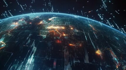 Aufkleber - A digital rendering depicts Earth at night, with city lights visible across continents. Streams of glowing data points travel around the planet, symbolizing global communication and data transfer.