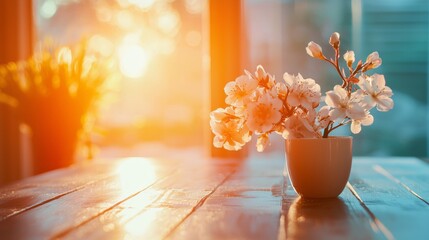 Wall Mural - cherry blossom flowers in vase with warm sunlight