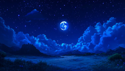 Wall Mural - a clear moonlit night sky with fluffy clouds and stars