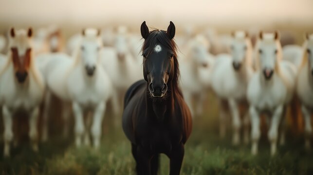 A black horse stands boldly among a group of white horses, illuminated by a warm, soft light that emphasizes its striking difference and innate uniqueness.
