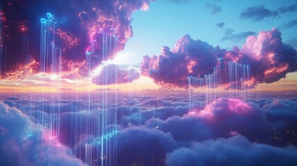 Poster - Bright clouds cluster together in a stunning sky filled with vivid streams of light cascading down. The colorful sunset creates a magical atmosphere over the soft, fluffy clouds below.