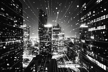 Poster - The scene captures a bustling city skyline at night, illuminated by bright building lights and dynamic patterns that highlight the urban energy and activity below.