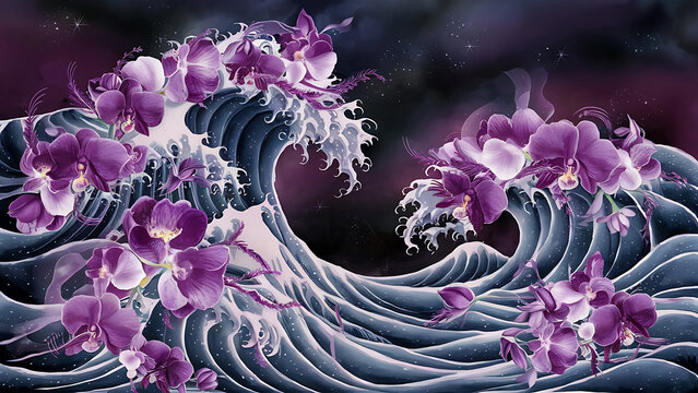 blooming tides petal drift wave garden inked blossoms flowing flora petal streams whispering waves floral currents ink ripple blooms