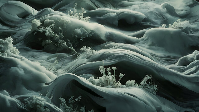 blooming tides petal drift wave garden inked blossoms flowing flora petal streams whispering waves floral currents ink ripple blooms