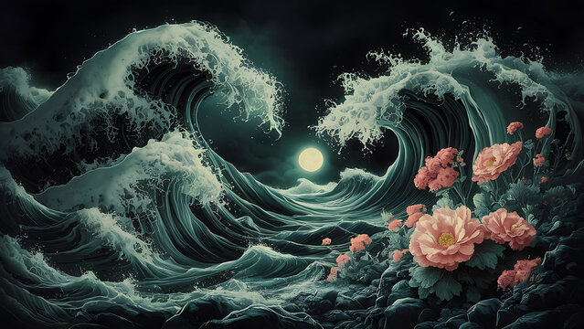 blooming tides petal drift wave garden inked blossoms flowing flora petal streams whispering waves floral currents ink ripple blooms