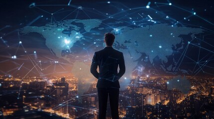 Aufkleber - A businessman stands in a suit, gazing at a digital world map projected above a vibrant city skyline at night.