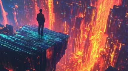 Aufkleber - A lone figure surveys a stunning, futuristic landscape filled with towering structures glowing in shades of blue and orange. The setting creates a sense of wonder and exploration during twilight.