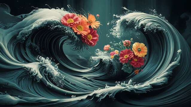 blooming tides petal drift wave garden inked blossoms flowing flora petal streams whispering waves floral currents ink ripple blooms