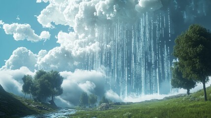 Leinwandbilder - A valley with green grass, trees, and a small stream is seen in the foreground. Large, white clouds fill the sky above.