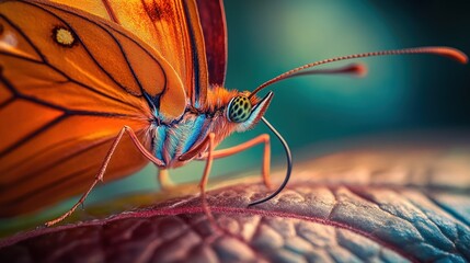 Poster - Orange Butterfly Close Up on Leaf Surface