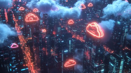 Poster - A city skyline filled with tall buildings is illuminated by bright lights under a dark sky.