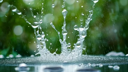 Poster - A close-up shot of rain droplets falling into a pool of water, creating ripples and a sparkling effect, Gentle droplets cascading down
