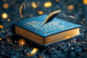 Poster - A magical agenda book glowing with enchanted text, surrounded by floating quills and sparkling light