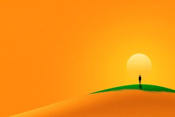 Poster - A minimalist design of a person standing on a hill, looking ahead at a rising sun, symbolized with simple shapes and gradients