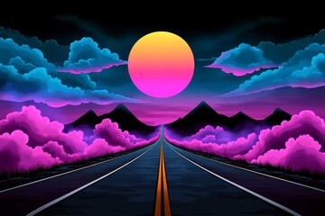 Poster - Ahead road depicted in pixel art, stretching through a colorful 8-bit landscape with mountains and pixelated clouds