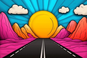 Poster - Ahead road depicted in pixel art, stretching through a colorful 8-bit landscape with mountains and pixelated clouds