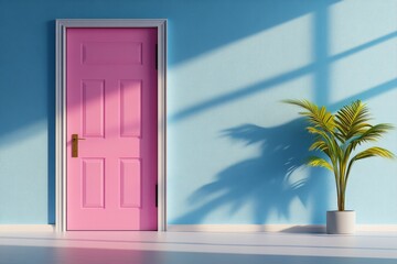 Poster - Ajar door drawn in minimalist geometry, a rectangle ajar with light rays in a gradient background