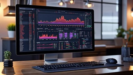 Poster - Desktop computer displaying colorful financial charts and graphs in a modern office setting at night