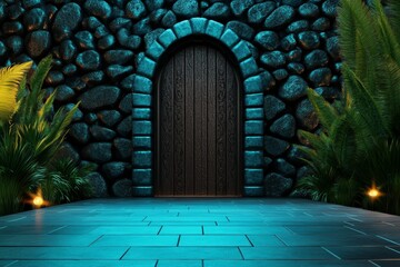 Poster - Ajar door glowing with magical runes, leading to a mystical forest filled with sparkling orbs of light