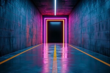 Aufkleber - Ajar door glowing with neon purple and blue lights, revealing a dark alley in a futuristic city