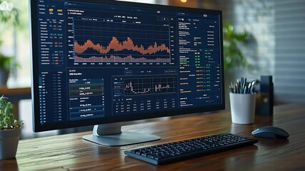 Poster - A modern workspace with a computer displaying detailed financial data and analytics at midday