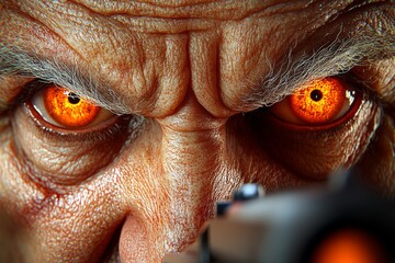 Fototapete - Secret agentâ€™s face in hyper-realistic detail, showing intense focus and determination as they aim their weapon