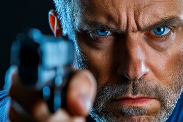Fototapete - Secret agentâ€™s face in hyper-realistic detail, showing intense focus and determination as they aim their weapon
