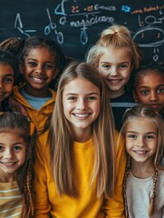 Poster - portrait of cheerful smiling teacher and diverse schoolchildren standing posing on chalkboard blackb