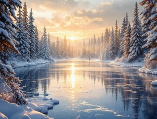 Poster - sunrise over the river in winter