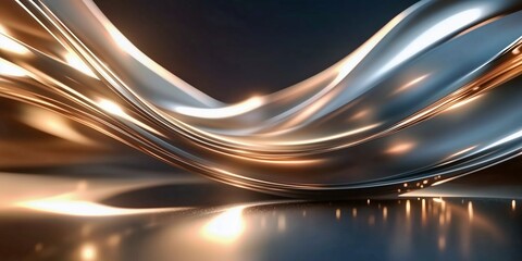 Wall Mural - metallic abstract background with curved golden waves reflecting light on a glossy surface in a dark