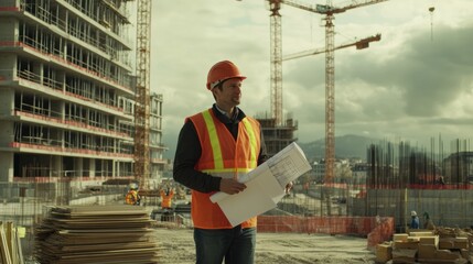 Poster - Engineer stands confidently at a construction site, holding blueprints while overseeing the building progress under a cloudy sky. Generative AI