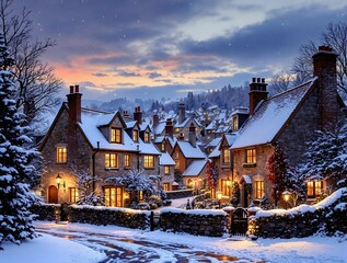 Aufkleber - A picturesque European village under snowfall, stone cottages with chimneys, twinkling lights in the windows, and a serene winter twilight sky