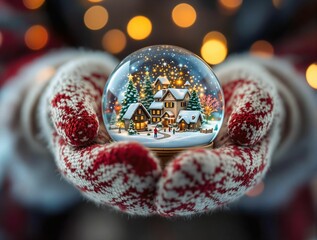 Poster - A pair of woolen mittens holding a snow globe, intricate details of the miniature village inside, with blurred festive lights in the background
