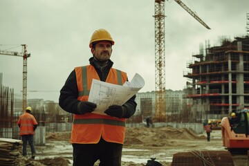 Fototapete - An engineer in a hard hat holds blueprints at a bustling construction site while overseeing workers and cranes under a cloudy sky. Generative AI