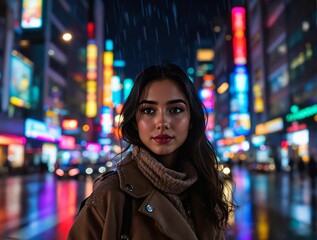 Aufkleber - A young woman standing on a busy city street at night, colorful neon lights reflecting on her face, soft raindrops on her coat, dynamic urban atmosphere