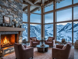 Poster - A luxury ski lodge interior, with a roaring fireplace, plush armchairs, and panoramic windows showcasing snowy mountains in the distance