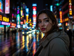 Aufkleber - A young woman standing on a busy city street at night, colorful neon lights reflecting on her face, soft raindrops on her coat, dynamic urban atmosphere