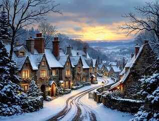 Poster - A picturesque European village under snowfall, stone cottages with chimneys, twinkling lights in the windows, and a serene winter twilight sky