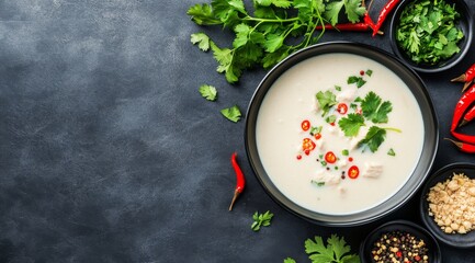 Sticker - Creamy soup garnished with herbs and spices on a textured surface