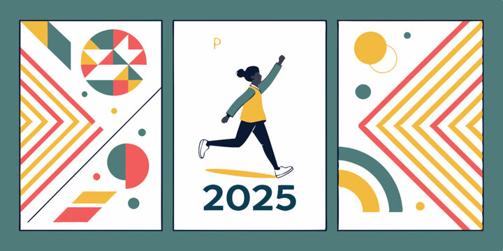 Creative concept of Happy New Year 2025 cards set. Modern abstract art design with geometric shapes. Templates for celebration, ads, branding, banner, cover, label, poster, sales