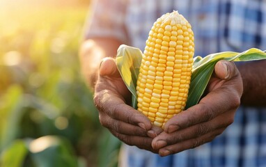 Canvas Print - Farmer holding freshly harvested corn ear in golden sunlight on a clear day in the field