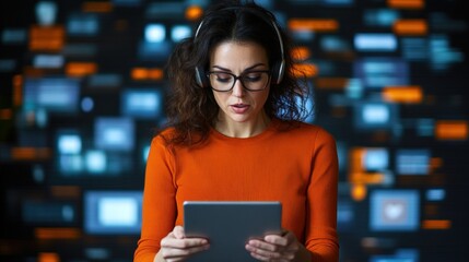 Poster - focused woman in an orange sweater analyzes information on a tablet, surrounded by vibrant digital screens displaying dynamic content in a modern setting